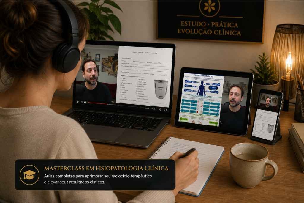 Aluna assistindo à Masterclass em Fisiopatogenia Clínica da Acupuntura Chinesa no notebook, tablet e celular.