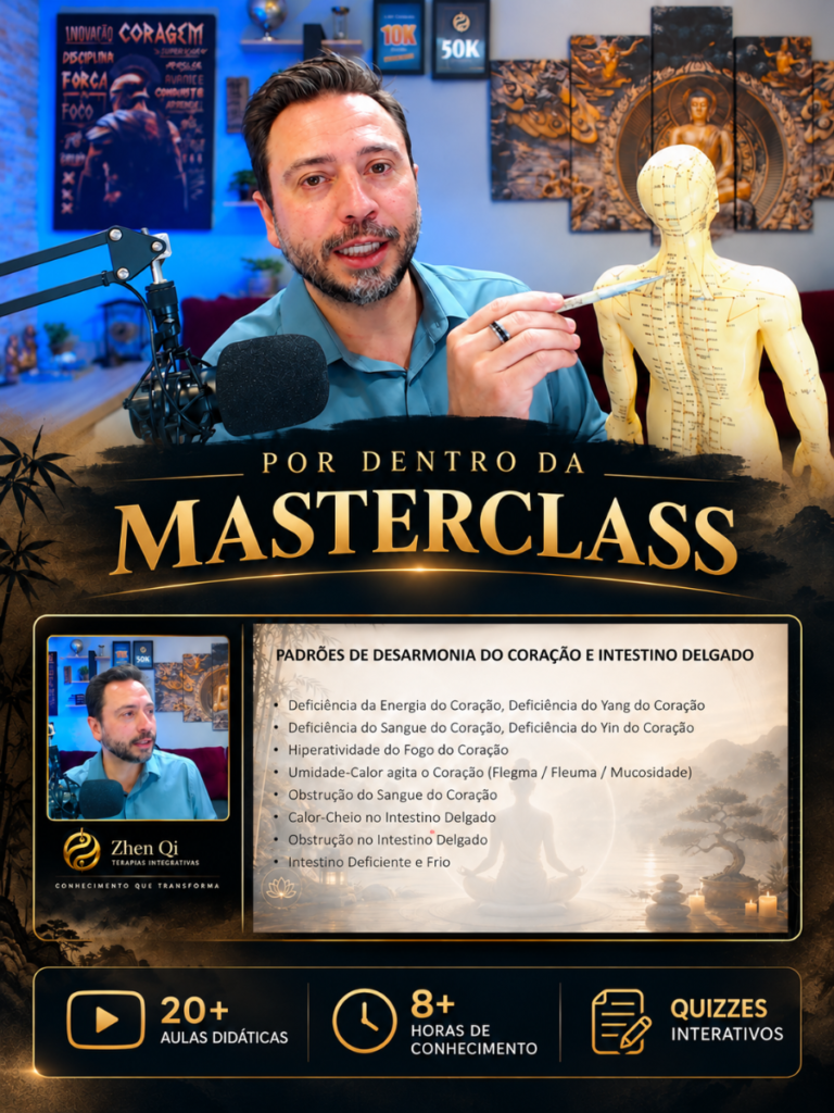 Masterclass em Fisiopatogenia Clínica na Acupuntura Chinesa com aulas sobre padrões de desarmonia e raciocínio terapêutico.