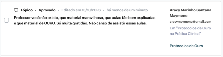 Depoimento de Aracy sobre os Protocolos de Ouro da Acupuntura Chinesa, destacando a qualidade do material e a clareza das explicações nas aulas.