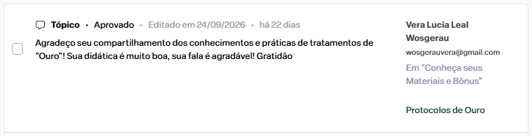 Depoimento da aluna Vera sobre as aulas dos Protocolos de Ouro da Acupuntura Chinesa, destacando a contribuição do conteúdo para seu aprendizado.
