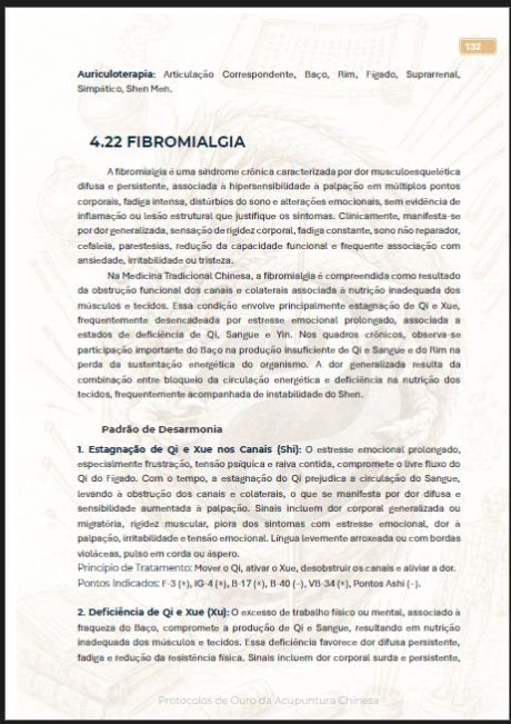 Prévia de protocolo de acupuntura para fibromialgia, com informações sobre diagnóstico e tratamento segundo a Medicina Chinesa.